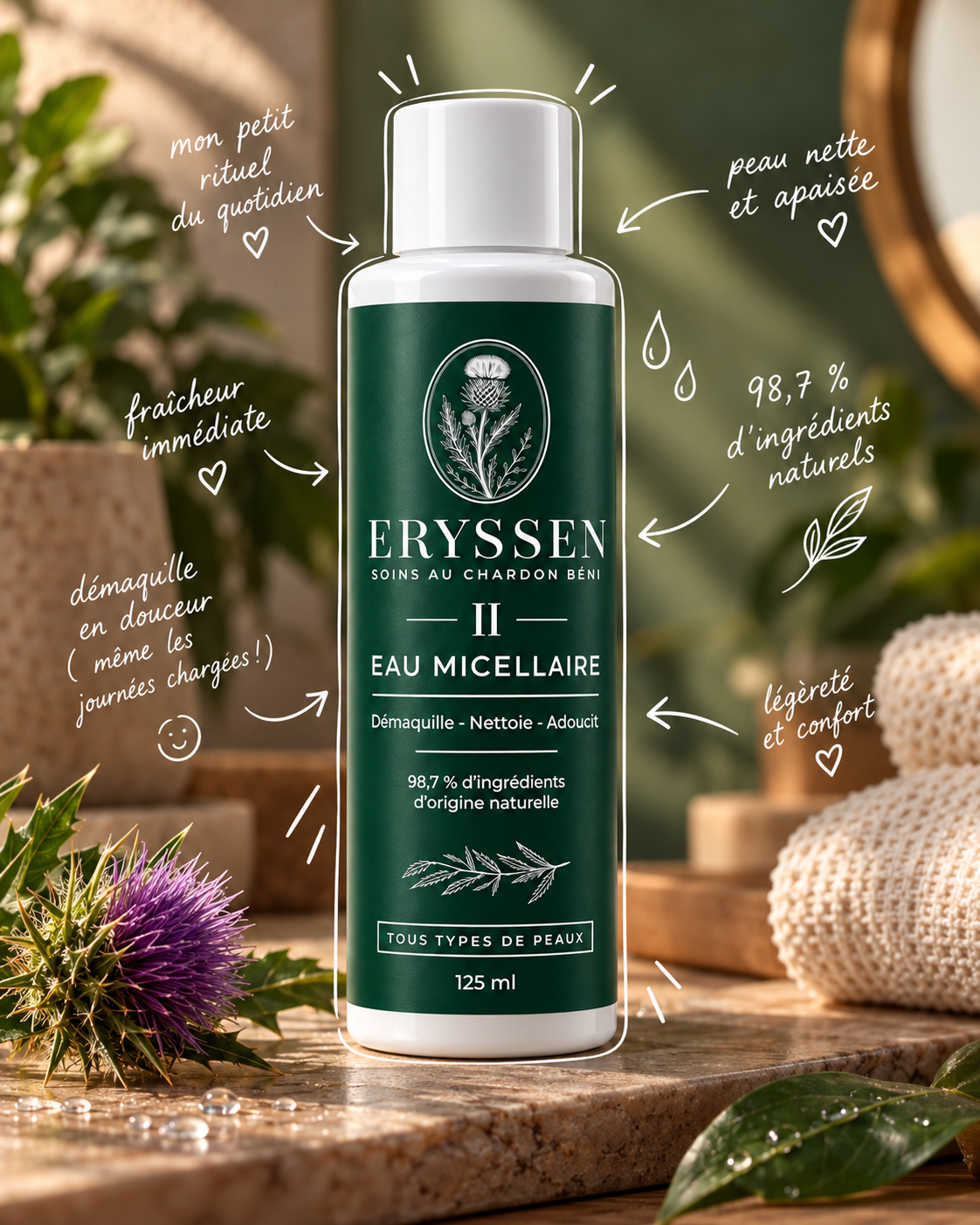Eau Micellaire Eryssen au Chadwon Béni, démaquillant naturel formulé en Martinique pour peaux noires et métisses, 125 ml